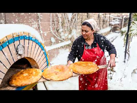 Cooking Traditional Azerbaijani Food in the Snow – Bread, Buglama & Honey Cake