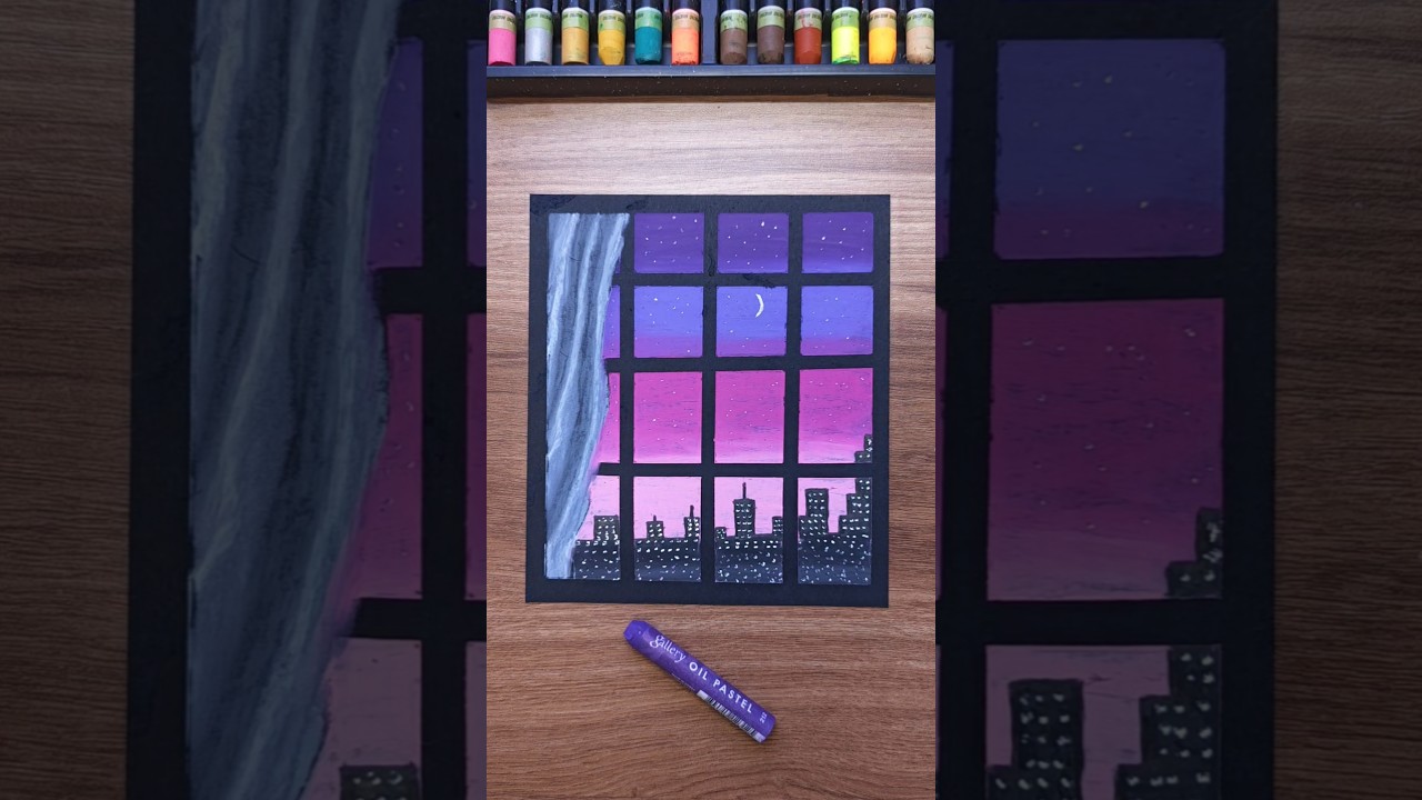 ✨ City Night Landscape Drawing using Oil Pastels #artshorts #oilpastel #oilpasteldrawing