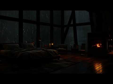 Jungle Storm Night ⛈️ Cozy Attic Bedroom Ambience with Fireplace Cracklings for Sleep