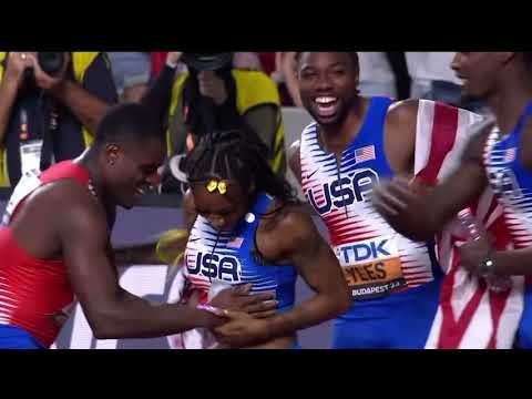 Christian Coleman's Football Tackle Celebrating Sha'Carri's Gold in 4x100m Relay