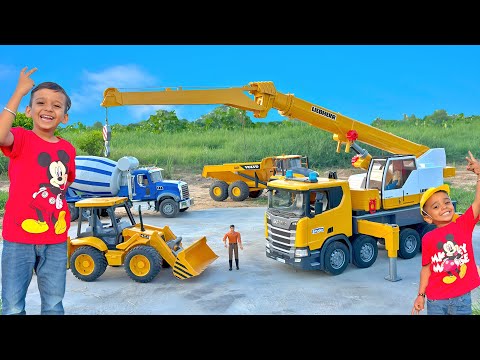 Kids Unbox Bruder Scania Liebherr Crane Truck | Rescue Mission | Play with JCB, Truck & Cement Mixer