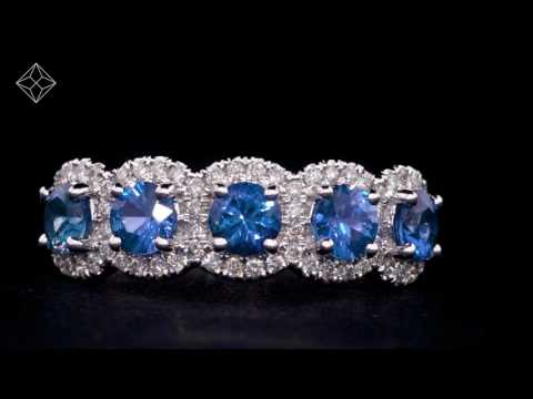 SAPPHIRE AND DIAMOND HALO 5 STONE ASTERIA RING IN 18K WHITE GOLD VERSION - FT87-UY