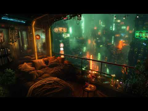🎵 Cozy Neomerald Balcony: Rain and Ambient Music | Cyberpunk Bedroom over the City | 4K | 10 hours