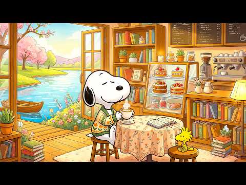 Cozy Riverside Café with Snoopy 🍰☕ Soft Piano Jazz for Reading, Study & Happy Spring Day