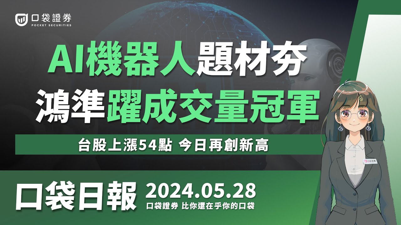 【口袋日報】鴻準躍成交量冠軍,AI機器人題材夯!台股上漲54點,今日再創新高!2024.05.28