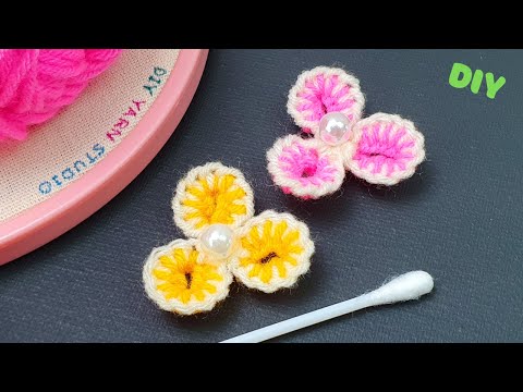 Amazing Woolen Craft Ideas with Cotton Bud - Hand Embroidery Wool Flower - Diy Yarn Studio