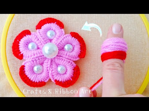 Super Easy Woolen Flower Making Trick Using Finger - Hand Embroidery Amazing Flower - Sewing Hack