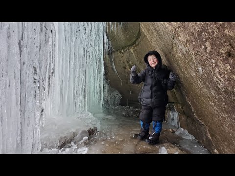 Winter Camping Under Frozen Waterfall in Survival Shelter Hot Tent - Winter Backpacking & Hiking