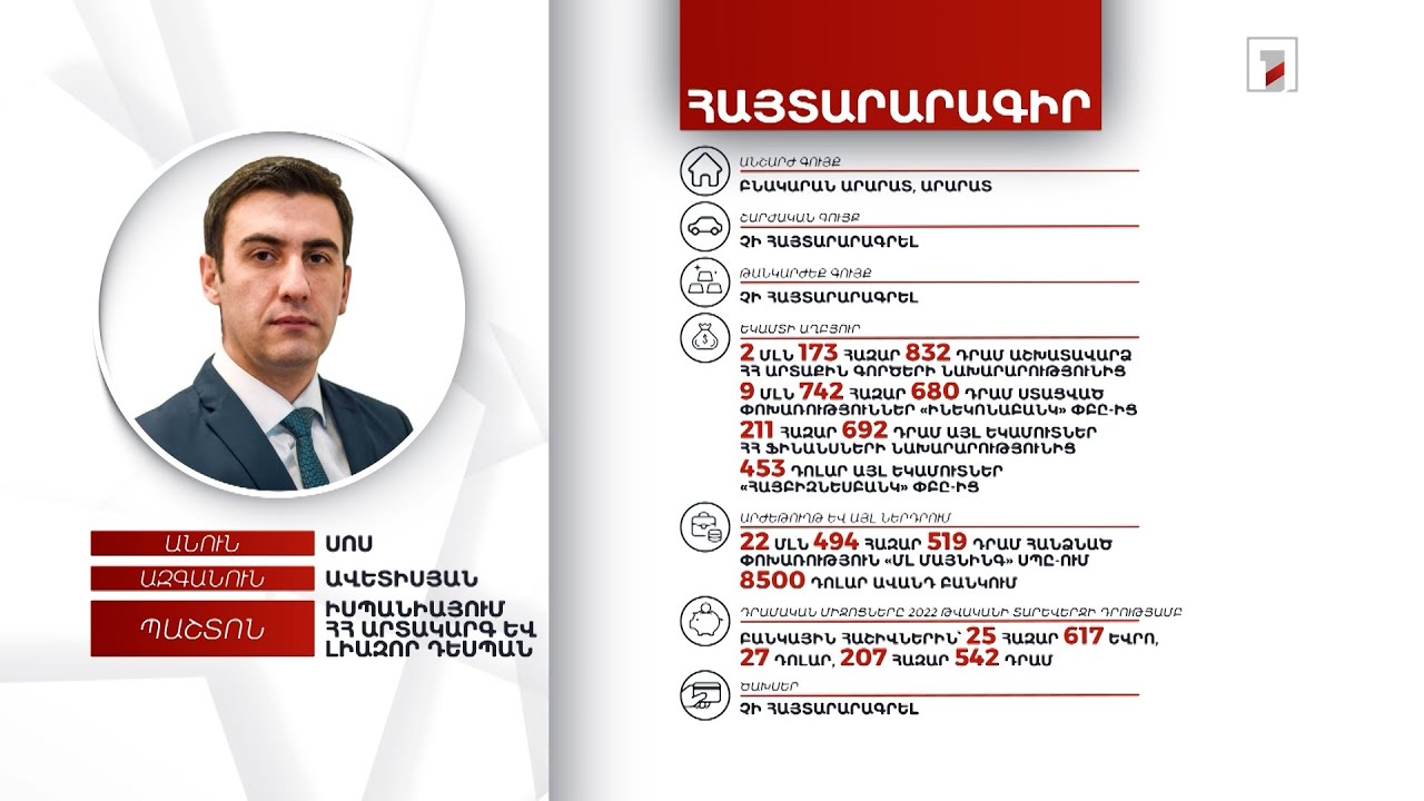 Բնակարան, 25 հազար 617 եվրո. Իսպանիայում ՀՀ դեսպան Սոս Ավետիսյանի հայտարարագիրը