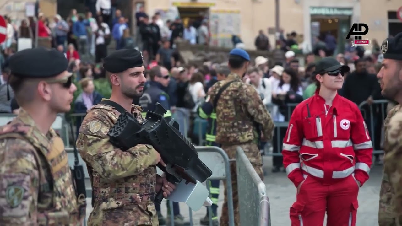 Swiss Guard soldiers carry anti-drone guns amid hightened security ahead of Pope Francis' funeral