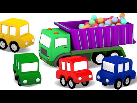 Spielspaß mit Spielzeugautos. Die 4 kleinen Autos bauen einen Kipplaster. Zeichentrick für Kinder