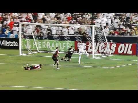 Jose Callejon (Real Madrid) kicks a goal vs. AC Milan @ Yankee Stadium