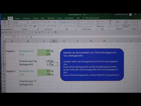 Prozentaufgaben Bruttogewicht, Nettogewicht, Tara und Bruttolohn Abzüge Nettolohn in Excel lösen.