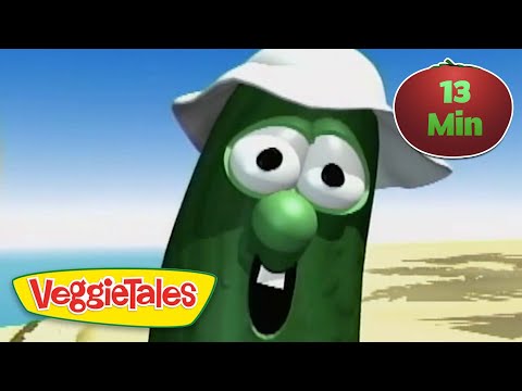Green VeggieTales cucumber character on a sunny beach, wearing a white hat; 13 Min video thumbnail