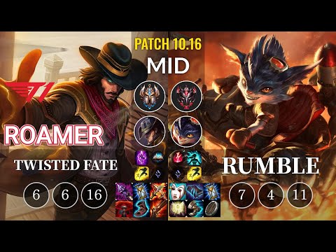 T1 Roamer Twisted Fate vs Rumble Mid - KR Patch 10.16