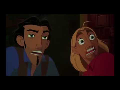 The Road to El Dorado trailer frame: Tulio and Miguel facing jungle light as orchestral drums swell