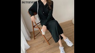 Autumn Winter Women Dress 2021 Hooded Knitted Dresses for Women Long Sleeve Loose Female Sweater