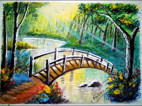 How to draw landscape scenery of lake.Oil pastel 🎨---🎨---🎨--🎨----🎨 Video