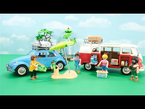 Unboxing, Building and Playing with Playmobil Volkswagen Beetle 70177 and T1 Camping Bus 70176