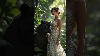 Ai Model Wearing a Luxurious High-fashion Evening Gown, Standing Next to a Sleek Black Panther