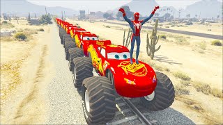 Monster McQueen Truck &amp; Mack Truck Hauler In Trouble With Thomas Train Spiderman 1