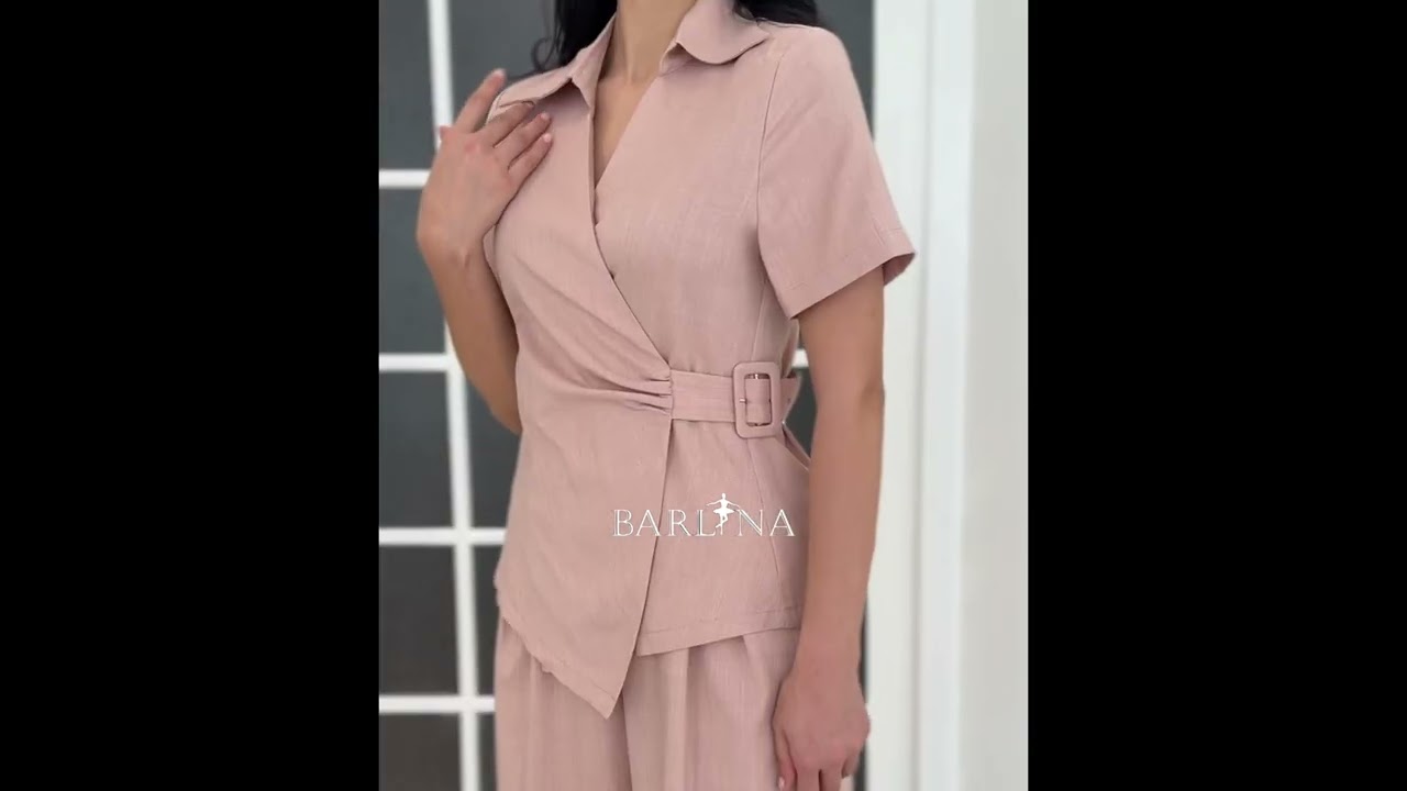 طقم نسائي ببلوزة لف مع بنطال واسع - بيج - XXL