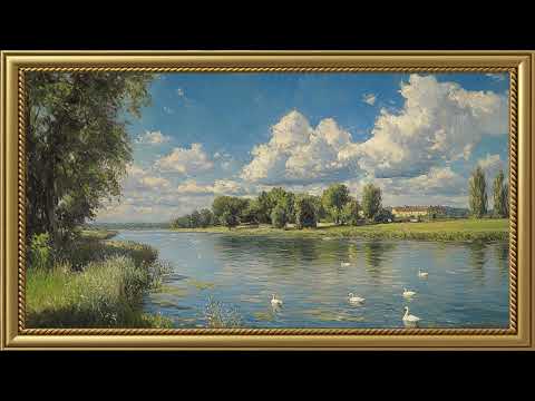 Vintage River in Summer Painting | Gold Frame TV Art | Art Screensaver for TV 2 Hrs