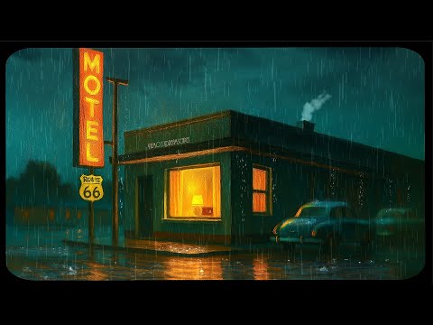 Stormy night at a 1950s Route 66 Motel – Vintage Oldies playing from another room ASMR