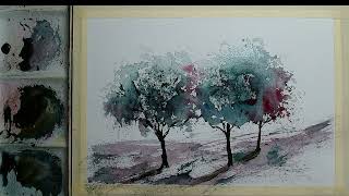 Making trees with an old brush and a rigger! WATERCOLOR