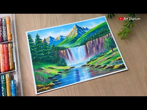 Mountain Waterfall Nature Scenery Drawing with Oil Pastel - Step-by-step 🎨🌿
