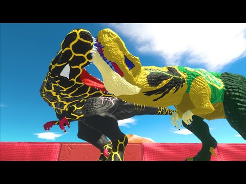 SPIDER-MAN GOLD T-REX VS LOKI T-REX DEATH RUN MOUNTAIN WITH HP BAR-Animal Revolt Battle Simulator