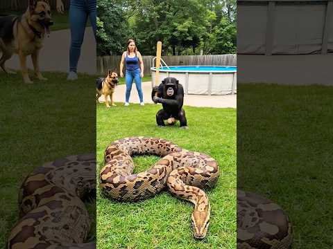 Brave Chimp Saves Golden Shepherd Puppy from Giant Python! #animal #animalrescue #snake #monkey