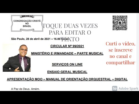 Aviso urgente a toda irmandade. Circular Ministerial 99/2021- Ensaio Geral Musical no Brás 2021