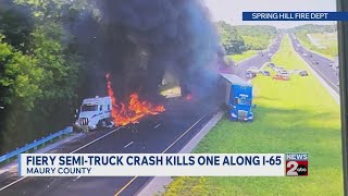 Fiery semi-truck crash kills one along I-65