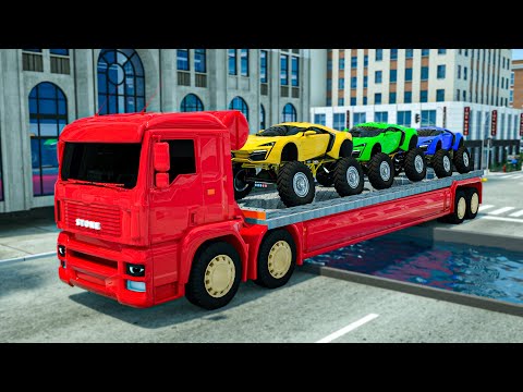 Giant Truck Crosses Giant Pit with Colored Sports Cars | Wheel City Heroes(WCH) Police Truck Cartoon