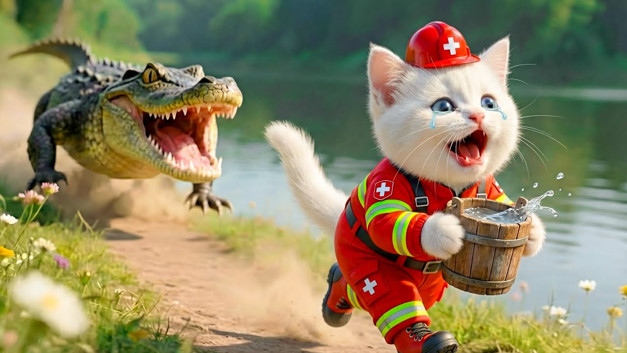 Kitten and Mom Stop Crocodile to Rescue Animal | Cat Videos AI Heartwarming Story