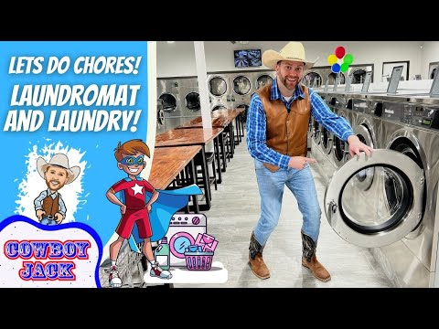 Thumbnail: a man in a cowboy hat and vest by front-loading washers in a laundromat, with cartoon cowboys and bold text: "LET'S DO CHORES! LAUNDRY AND LAUNDRY!" and a "COWBOY JACK" graphic.