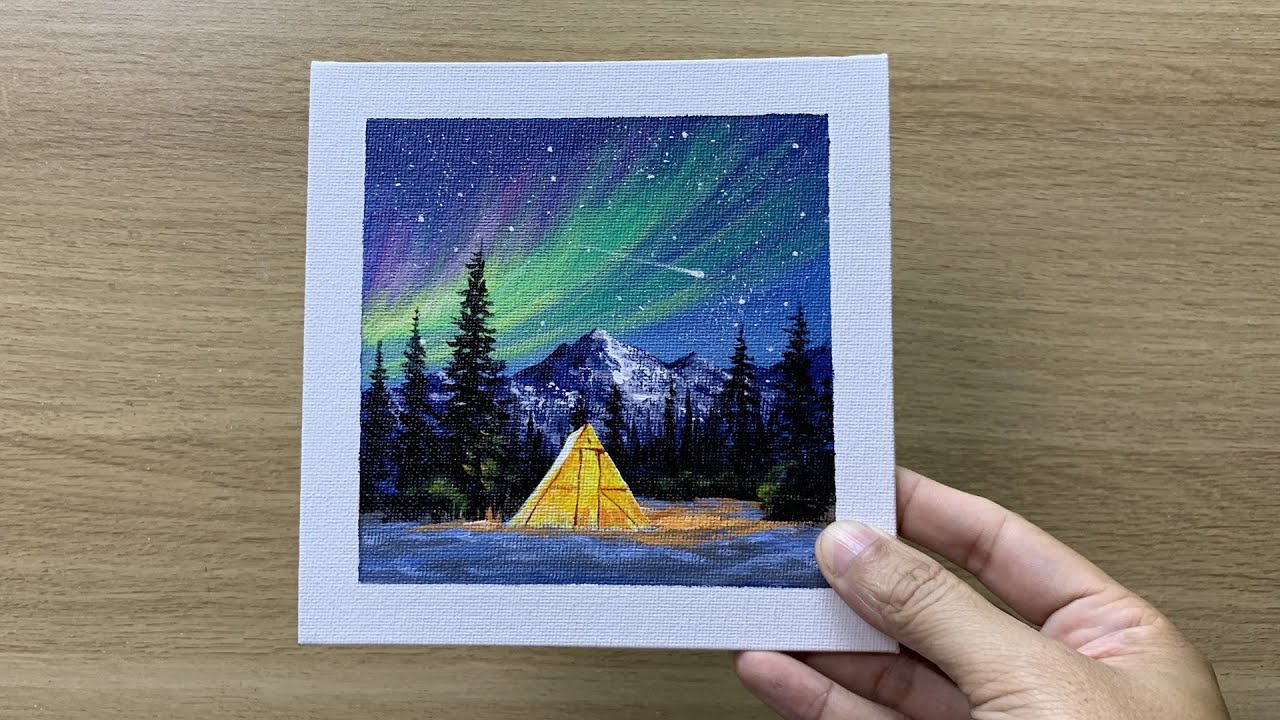 Mini canvas - Acrylic - Simple Aurora Night Painting