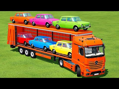 TRANSPORTING OLD SKODA COLORED CARS WITH MERCEDES TRUCK - Farming Simulator 22