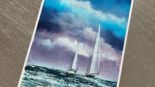 Sailboats Seascape Watercolor