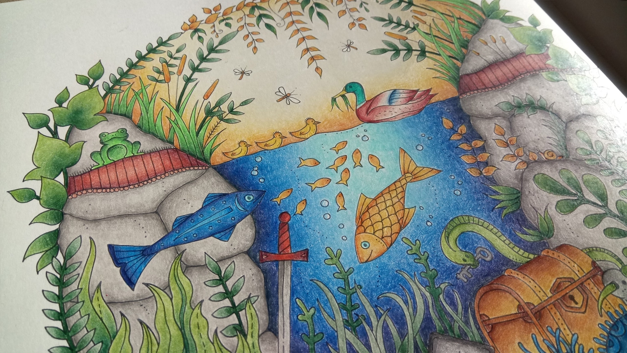 Coloring the duck pond in Enchanted Forest by Johanna Basford