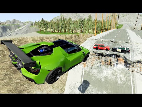 Crazy Vehicle Broken Bridge Jumps (Crash Hard Map) #2 - BeamNG drive Police Roadblock Crashes