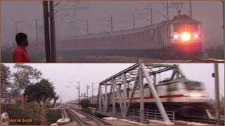 preview picture of video 'Furious Chase and Overtake || WAP-7 Bandra Super Rajdhani Bolts Through Bridge at 130 kmph !!!'