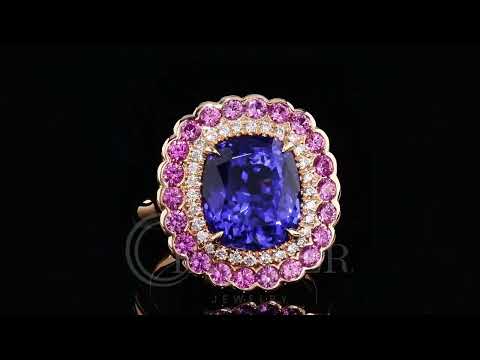 Double Halo 4ct Cushion Cut Blue Sapphire Ring