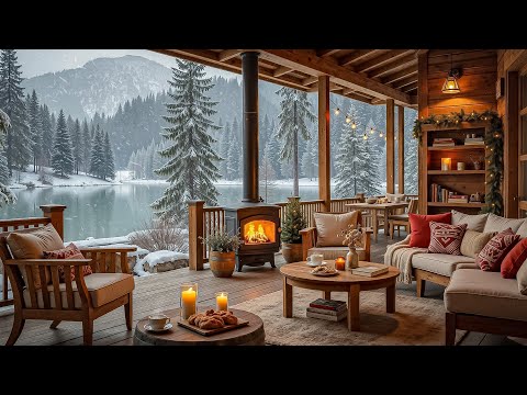 Cozy Winter Porch with Fireplace Ambience ❄ Holiday Jazz Music Background for Study, Work & Relax