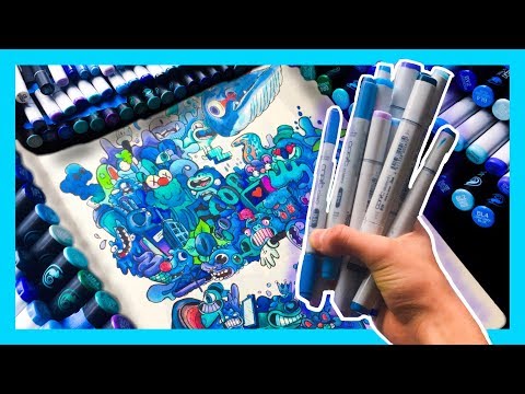 ONE COLOR ART CHALLENGE! Drawing Using ALL the Blue Markers I Own!