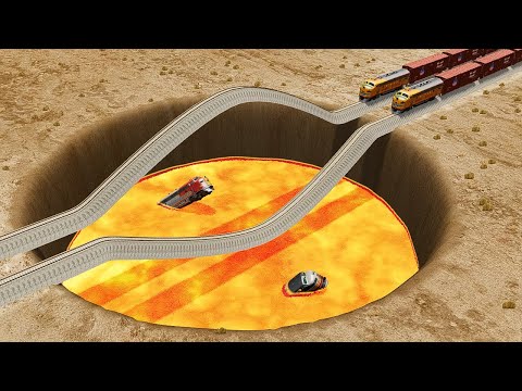 Impossible Weird Double U Shape Rail Wave Tracks VS Trains Crossing Giant Lava Crater - BeamNG.Drive