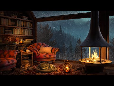 Cozy Hut Ambience in Deserted Forest 🌧️ Soft Jazz Music 🌧️ Rain Sounds & Crackling Fire for Sleeping