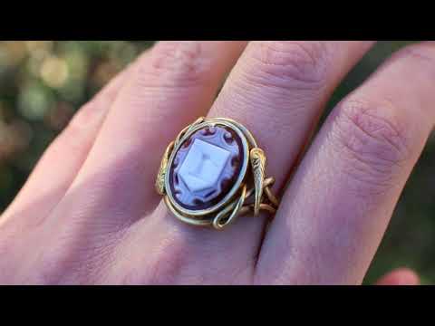 c. 1860 Victorian Signet Ring with Coiling Snakes, 15k Gold Sardonyx Intaglio