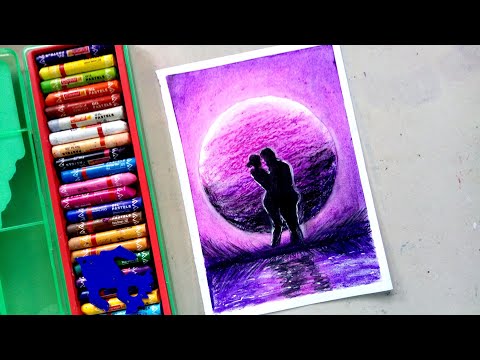 Beautiful moonlight scenery drawing with oil pastels-step by step